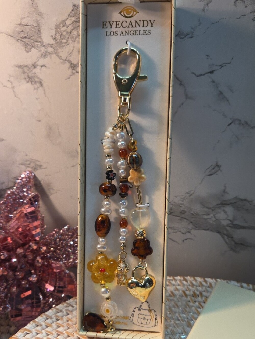 EYECANDY Los Angeles Beaded Charm Keychain - Gold & Brown Accents - Picture 2 of 2
